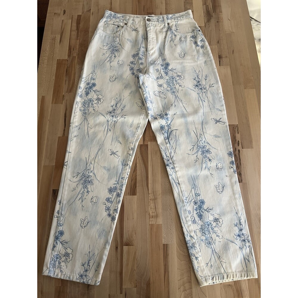 Vintage Bill Blass High Rise Mom Jeans Floral Butterfly Print Blue & White 12